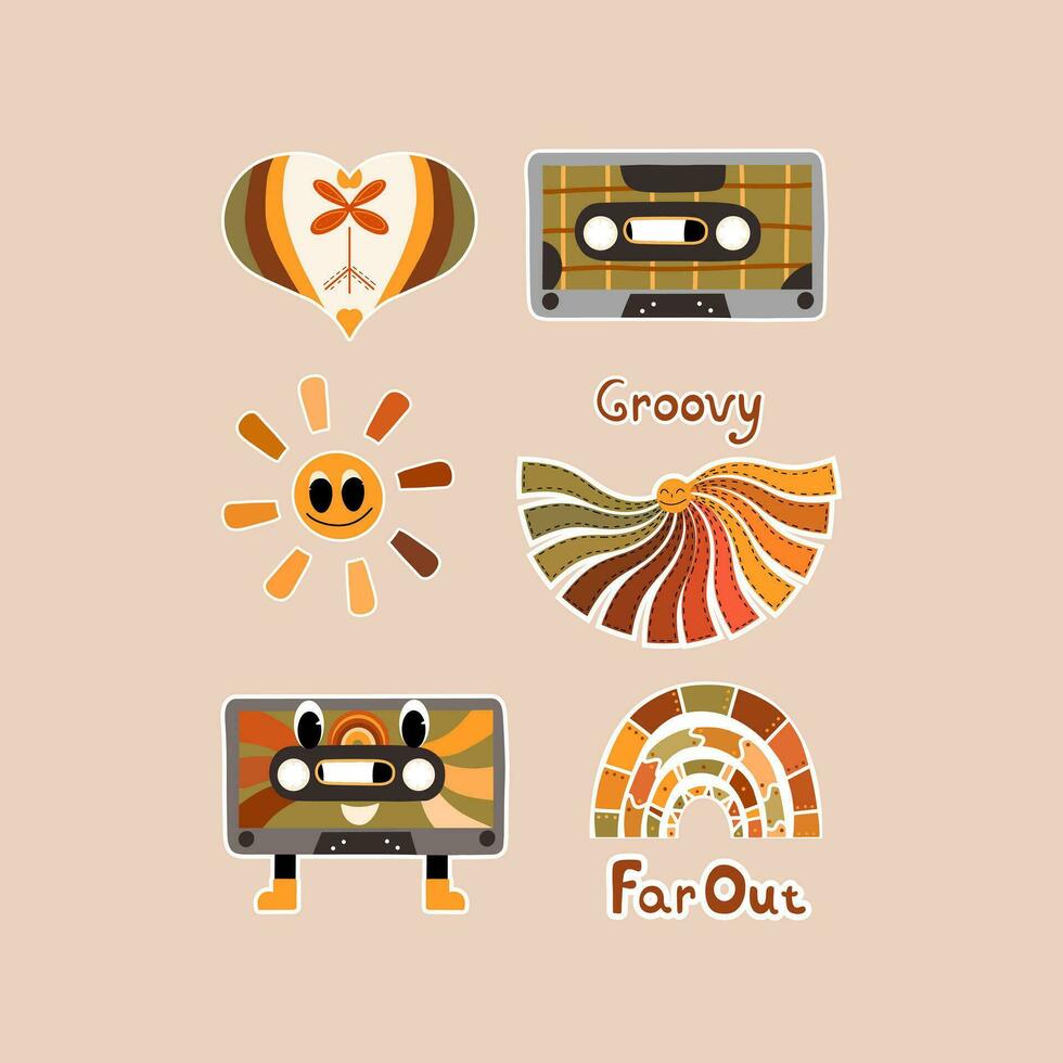 Set of groovy stickers in hippie style, 70s, 60s. Bright rainbow with the inscription Far out, audio cassette character, soontse emoticon, heart. Vector illustration