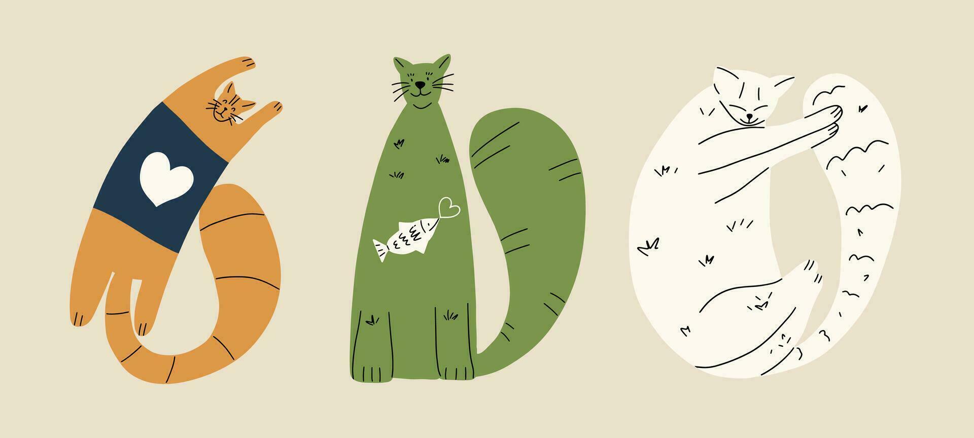 un conjunto de gracioso linda gatos en diferente poses en el estilo de mano dibujo. colección en diferente poses de mascotas. vector ilustración