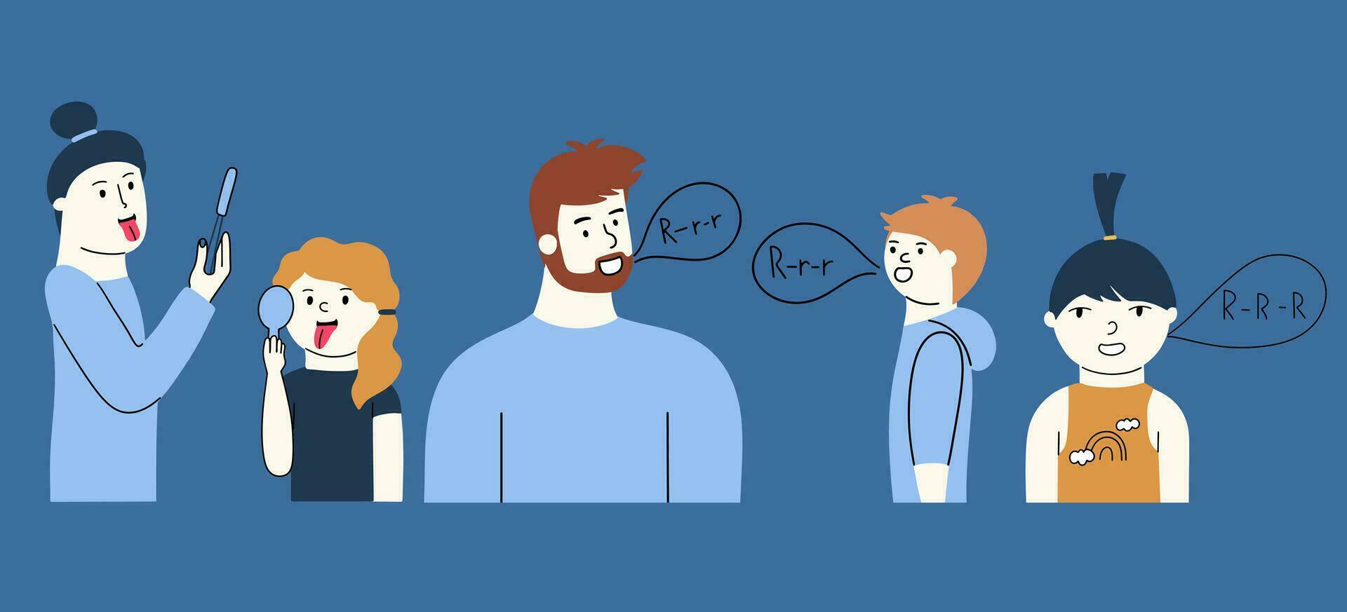 The speech therapist teaches the child language skills, articulation. A set of people, a man speaks to a boy, a woman shows a girl how to pronounce words. Vector hand drawn illustration