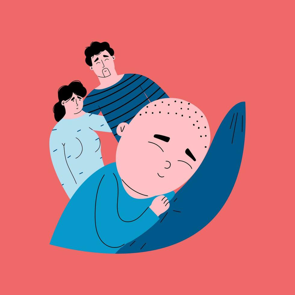 cansado padres son alegre ese el bebé duerme dulcemente. el hijo ve dulce Sueños, y mamá y papá sonrisa y alegrarse. infantil sano dormir concepto. vector mano dibujado ilustración