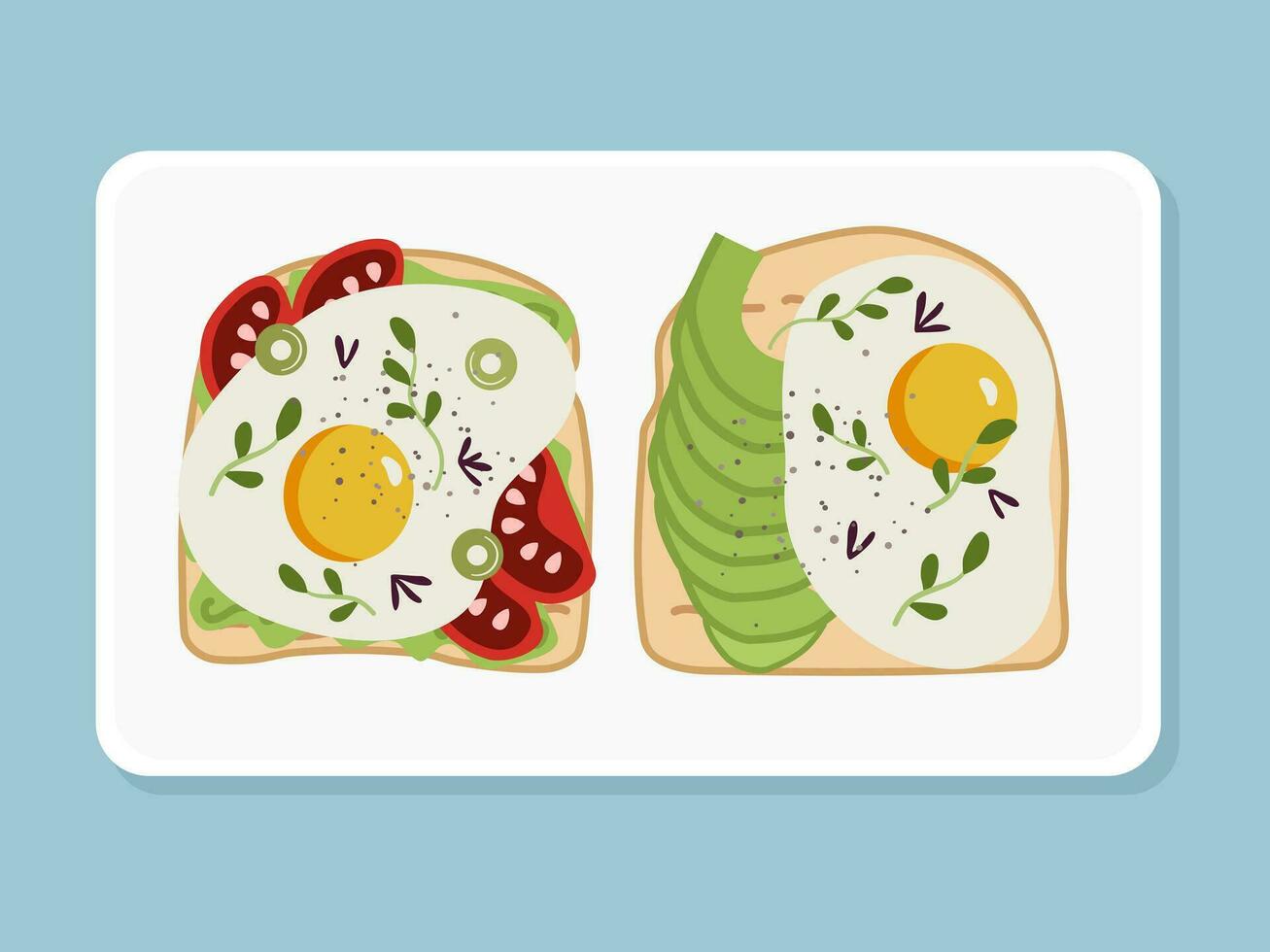 Illustration of breakfast toasts with scrambled egg, avocado, tomato on a plate in flat style. vector