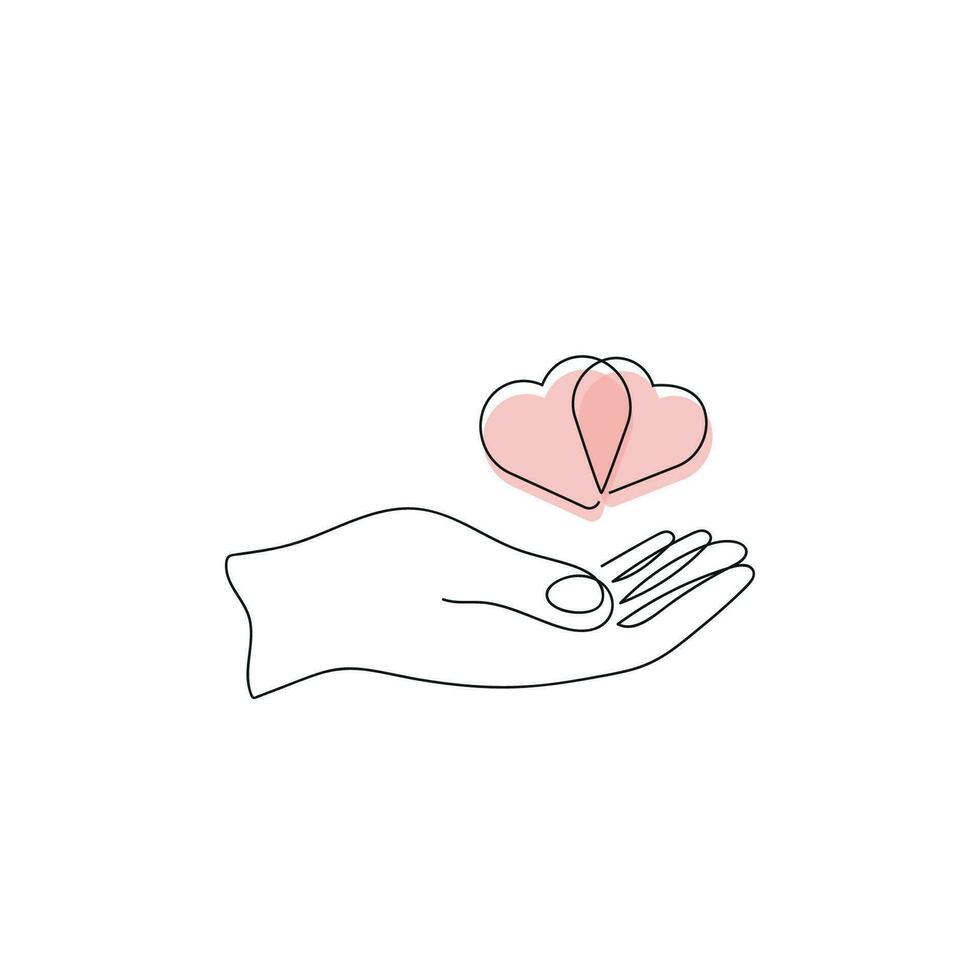Hand holding red hearts on white background. Vector illustration of love, donation or charity. One line drawing, minimalism.