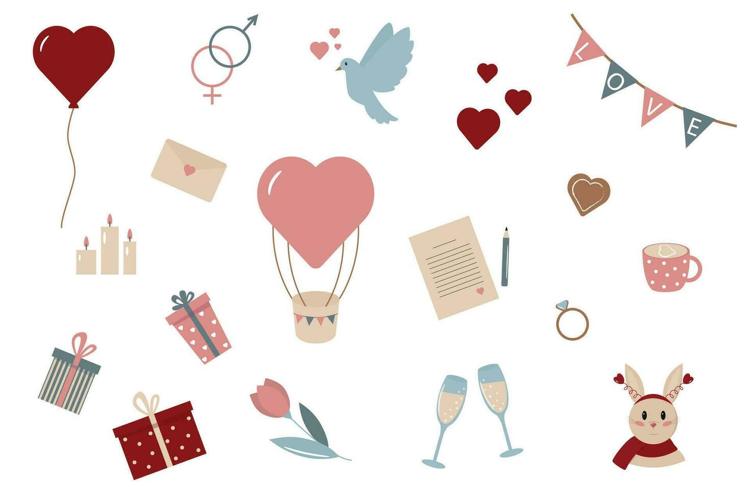 Set for Valentines day in flat style. Traditional symbols heart, ring, flower, gifts, balloon, pigeon, candles, glasses and others. Vector illustration