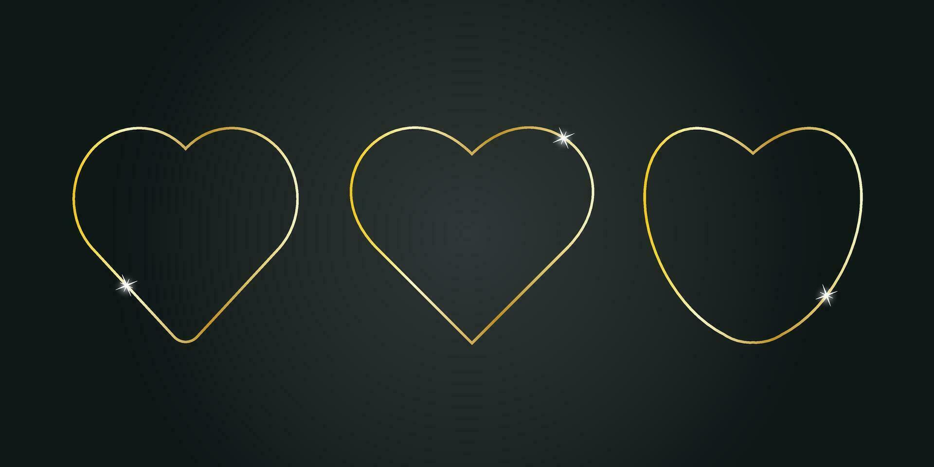 Golden hearts of different shapes with flashes on black background. Design for holiday cards, banners, invitations. Vector illustration.