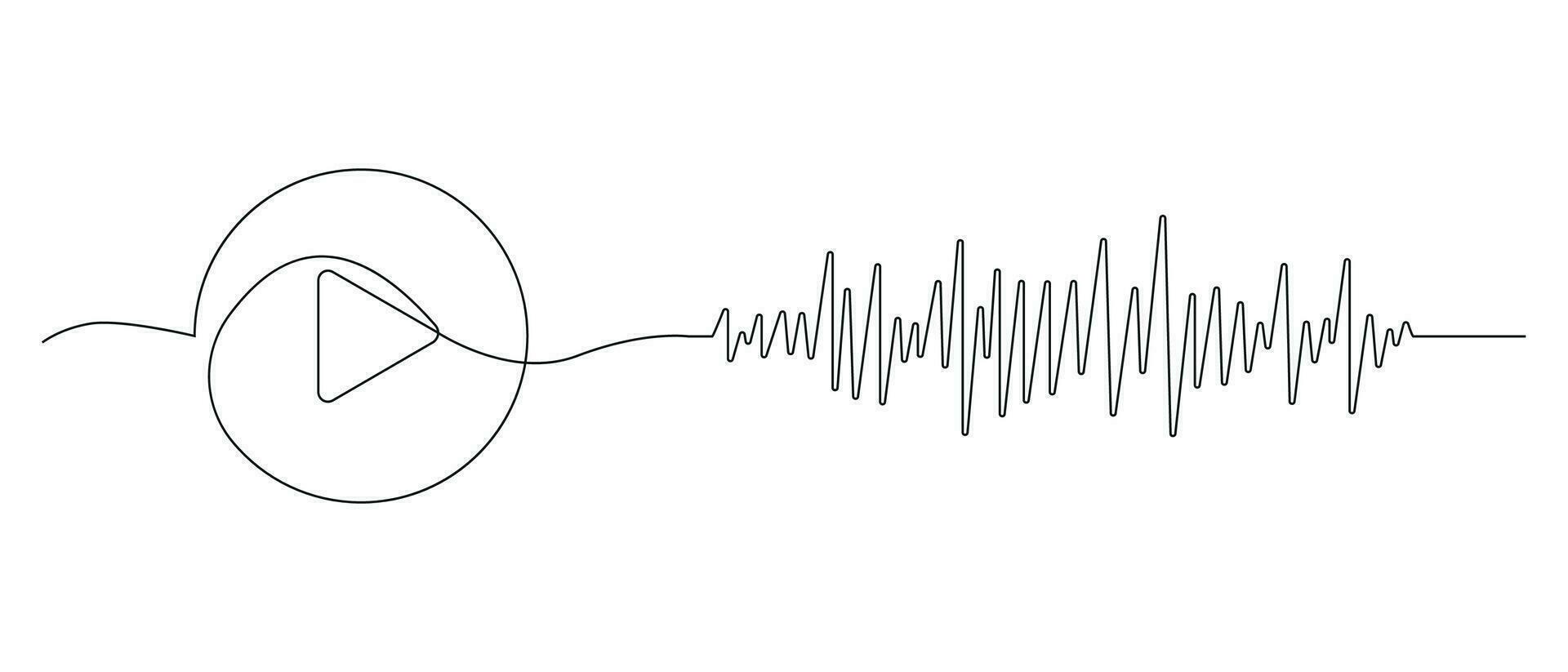 Play button with audio track drawn in one continuous line. One line drawing, minimalism. Vector illustration.