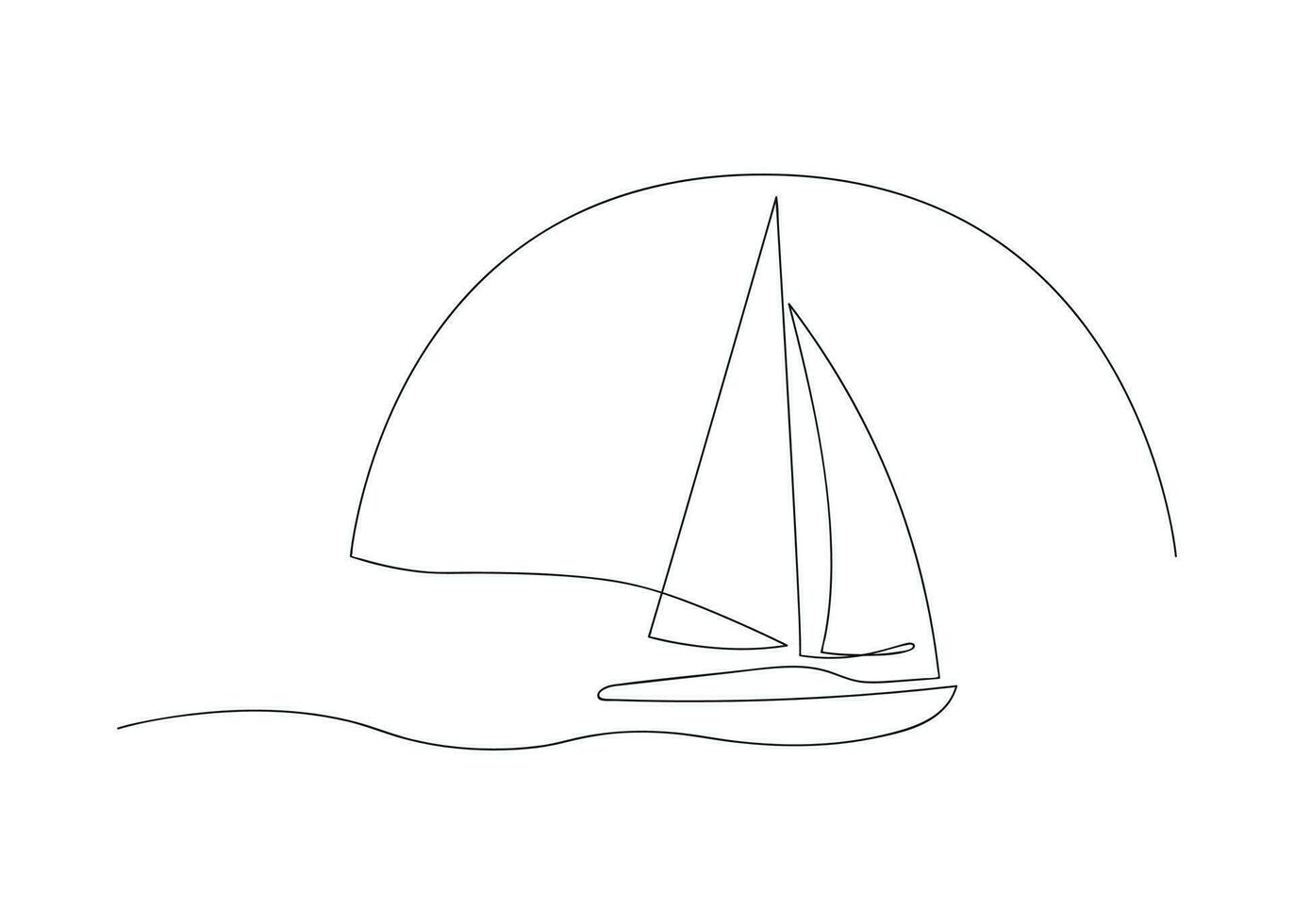 Sailing yacht with sun and wave drawn in one continuous line. One line drawing, minimalism. Vector illustration.