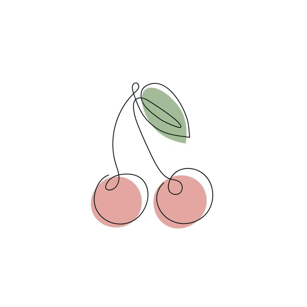Cherry drawn in one continuous line with color spots. One line drawing, minimalism. Vector illustration.