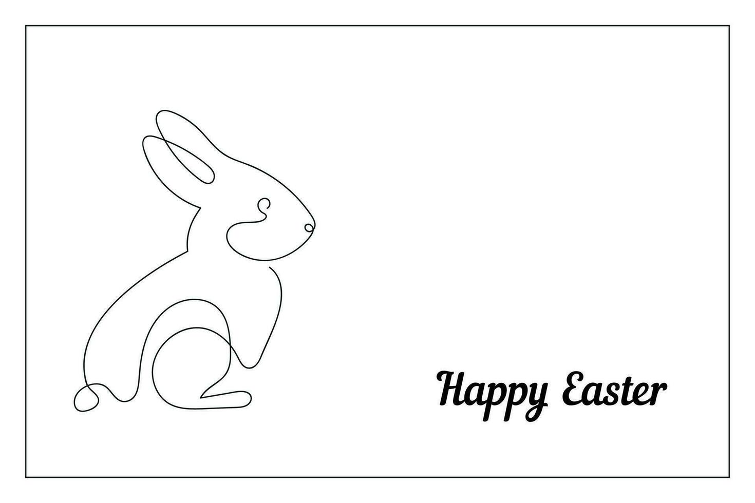Rabbit drawn in one continuous line and inscription Happy Easter. Greeting banner or postcard. Minimalist black linear sketch. Vector illustration.