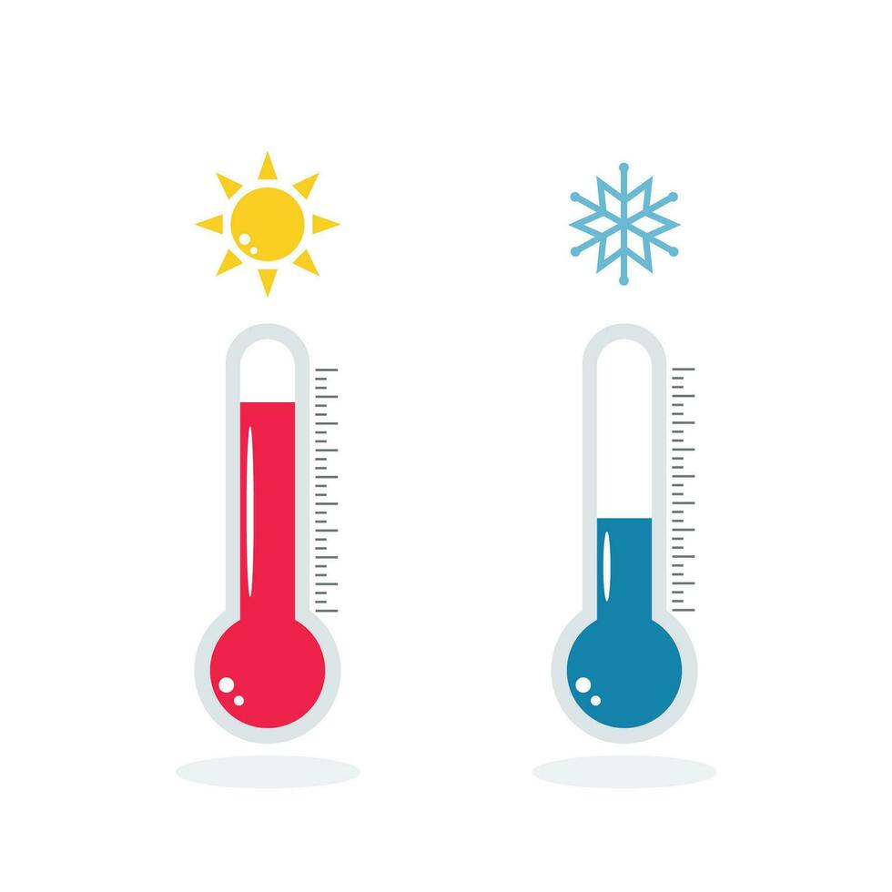Blue and red thermometers with snowflake and sun isolated on white background. Thermometer  icon set. Low and high temperature sign. Vector illustration.