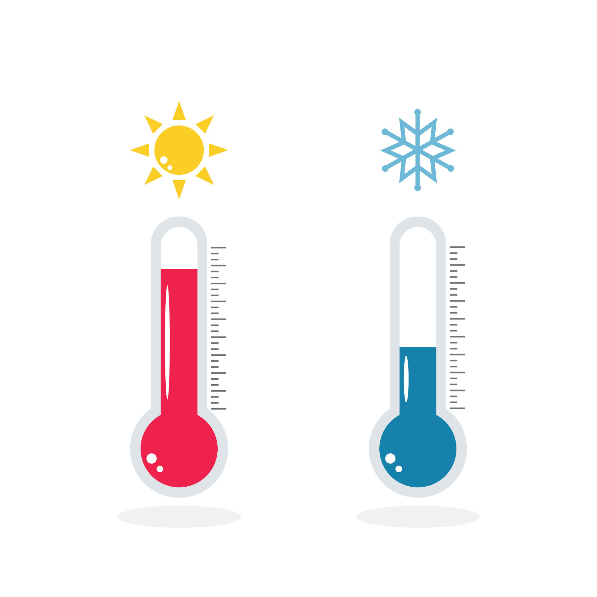 Blue and red thermometers with snowflake and sun isolated on white