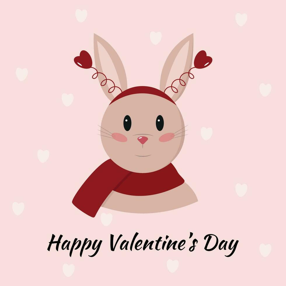 Valentine's Day card with cute rabbit in red scarf and headband with red hearts. Pink background with white hearts. Vector illustration.