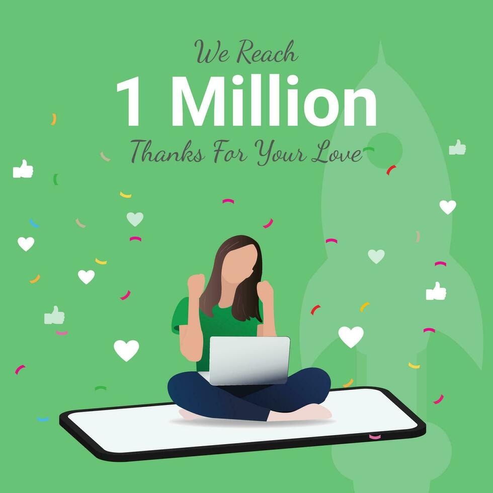 Illustration of an excited girl holding laptop sitting on mobile celebrating success for complete 1m subscribers followers. 3d flat woman content creator design for social media posts, and web design. vector