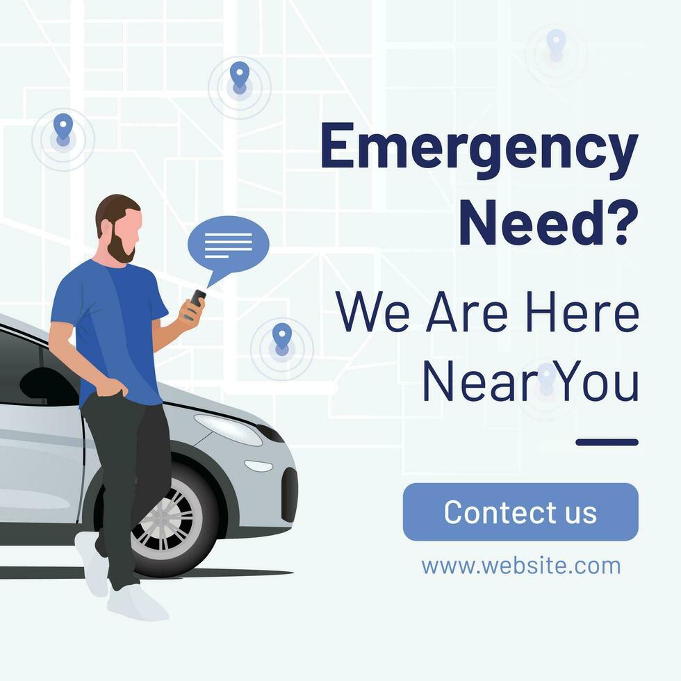 Car service social media post design. Suitable for multi-purpose such as online booking, rent service, searching near car stores, parking locations, fuel areas, emergency help. Also perfect for UI, UX vector