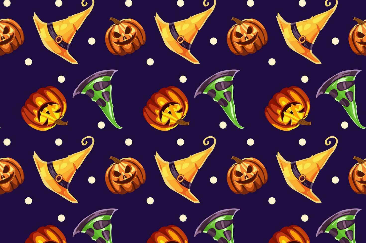 brillante patrón, Halloween, brujas sombreros y calabazas otoño calabazas, fantasmas, sin costura modelo en un púrpura antecedentes. día festivo. Víspera de Todos los Santos, diseño elementos para logo, insignias, pancartas, etiquetas, carteles, vector