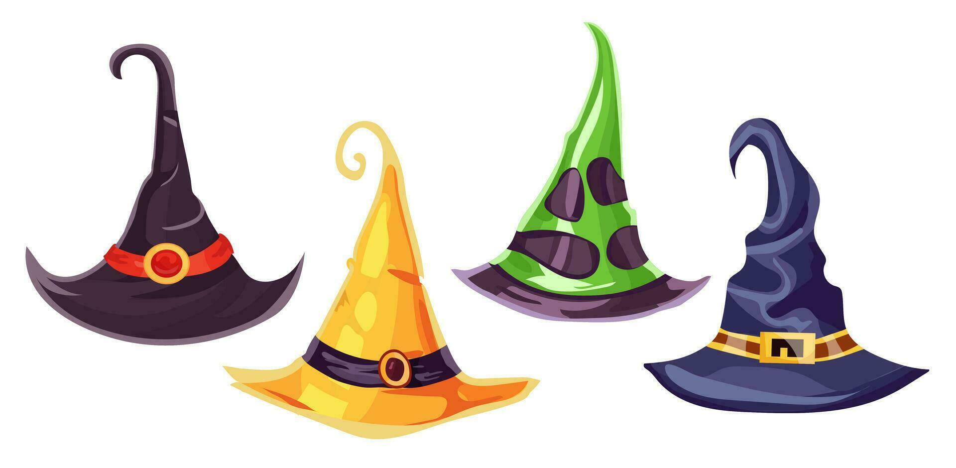 Bright set of witch hats, illustration. Vector. Halloween, event, holiday. Witch. Accessory for witches, headdress. Witch hat, miscellaneous set. Cartoon style, color illustration vector