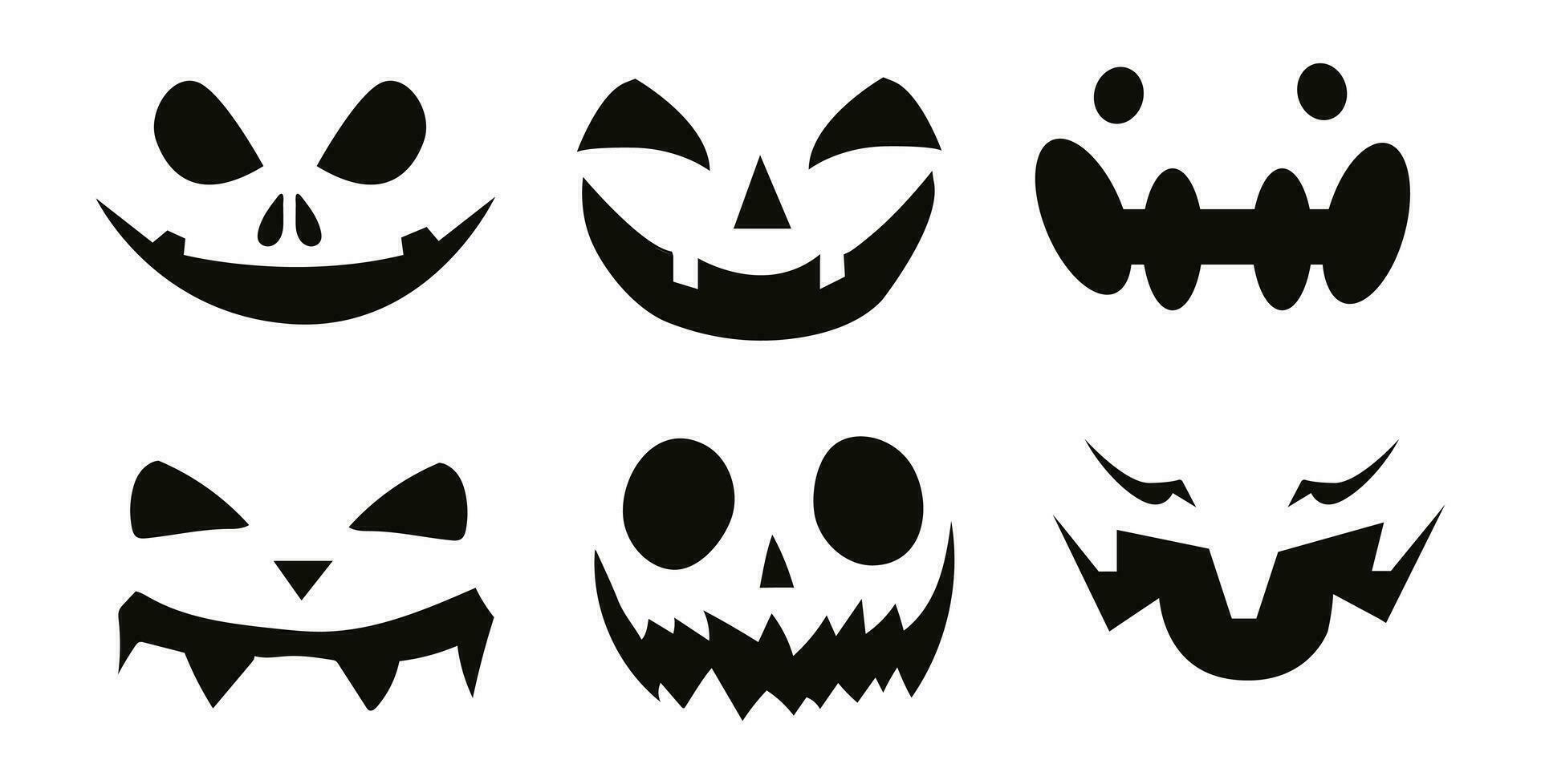 Pumpkins. Faces of pumpkins, Set of faces of patterns for pumpkins. Halloween, holiday. Autumn, season.  Silhouette, black shadow. Frightening, shadow theater. Template for cutting vector