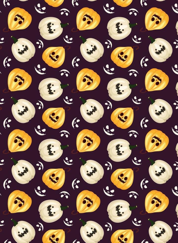 Pattern on the theme of Halloween. Halloween holiday. Pumpkins with faces. Cute cartoon print, background. Flat style. Dark background. Seamless pattern, vector. vertical background vector