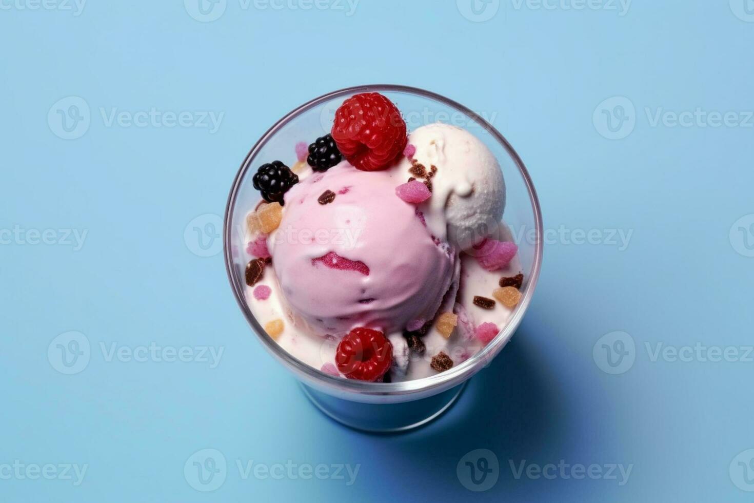 AI Generativeice cream in a glass bowl on solid color background photo