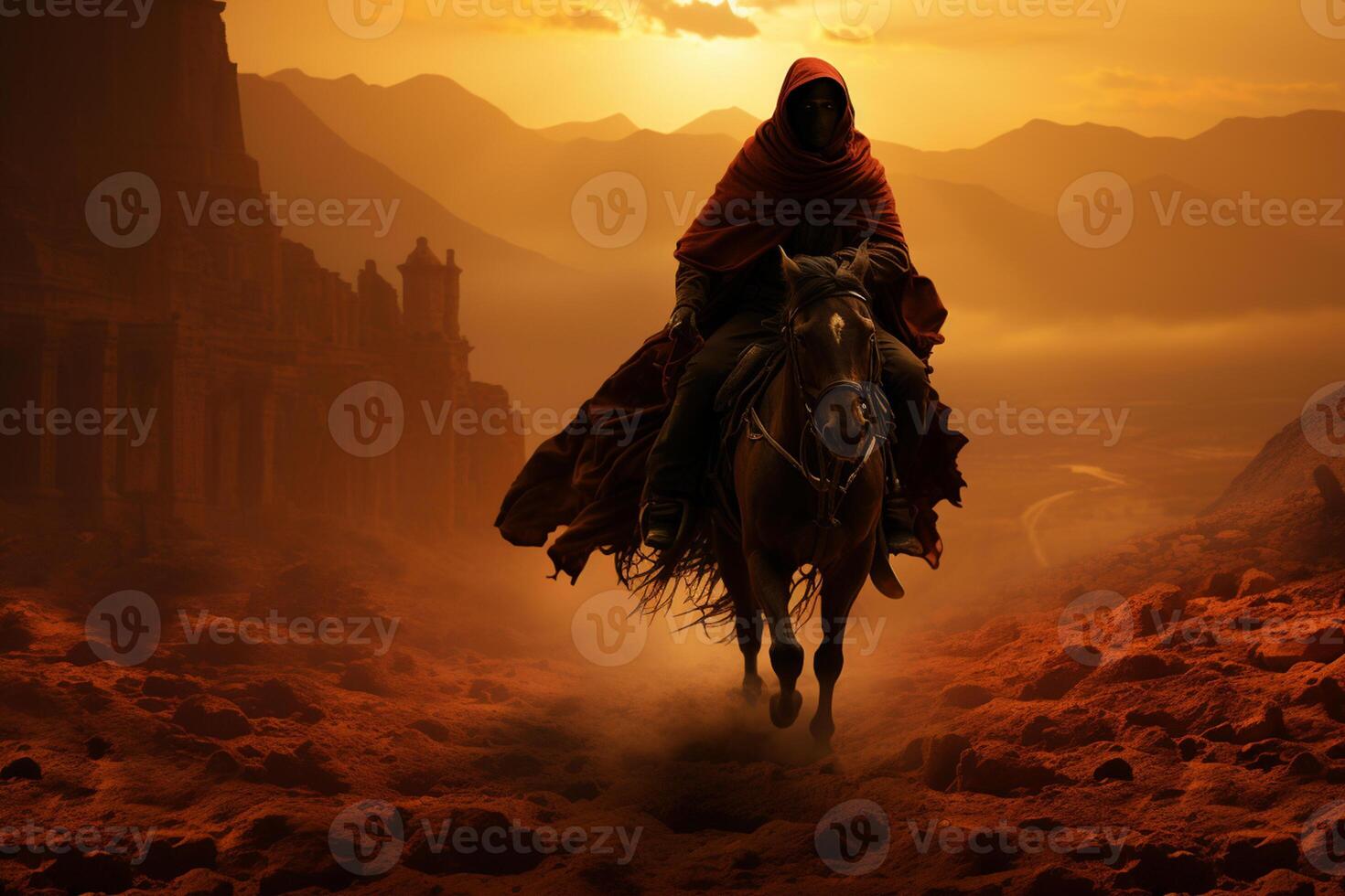 soldier on horse in battle ground with hidden face , Ashura day concept photo