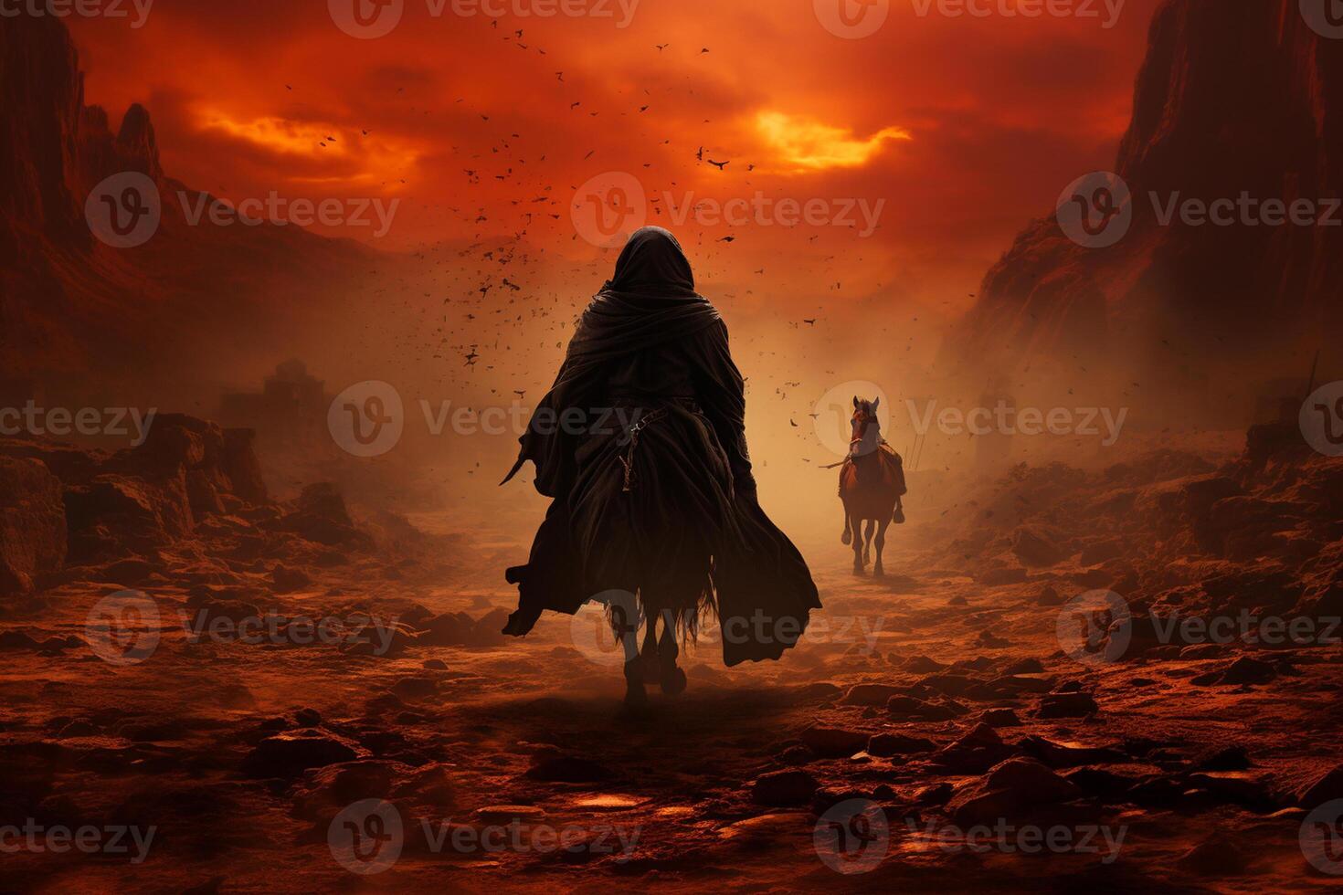 soldier on horse in battle ground with hidden face , Ashura day concept photo