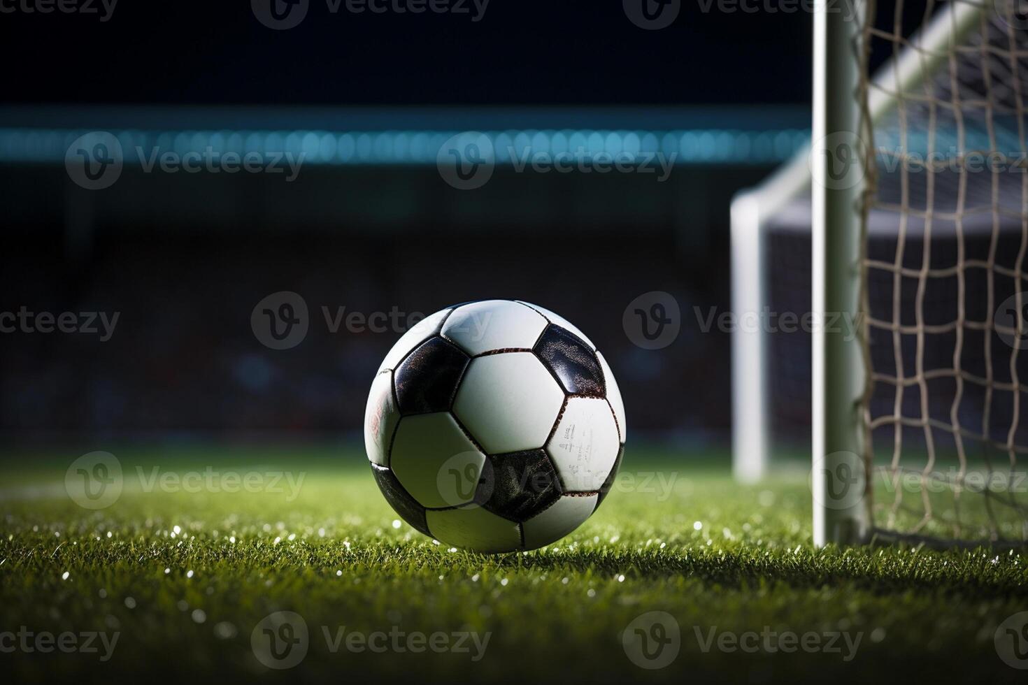 Soccer ball on the green grass and goal net in football stadium photo