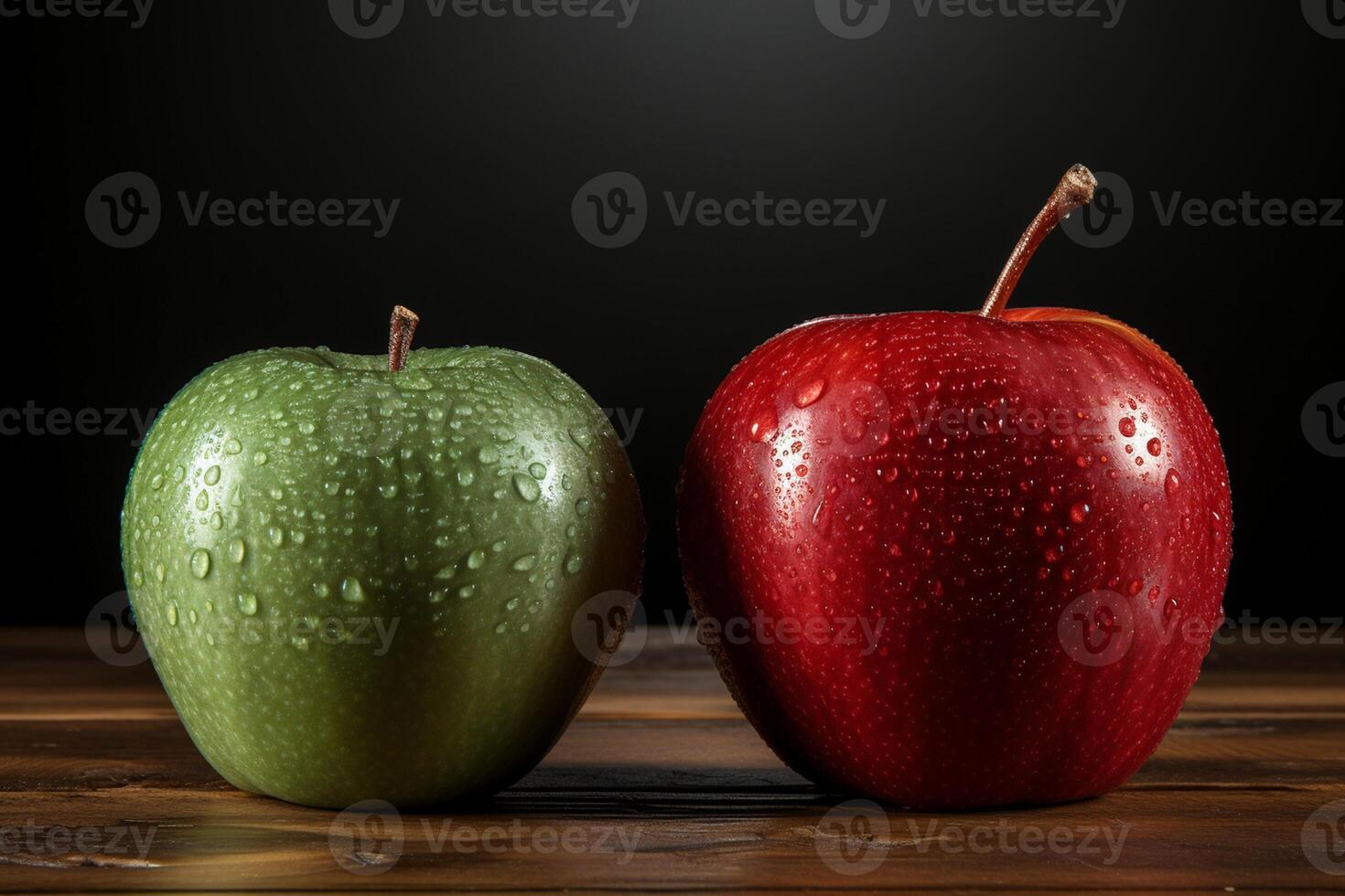 Red and green apples with water drops on wooden table against black background photo