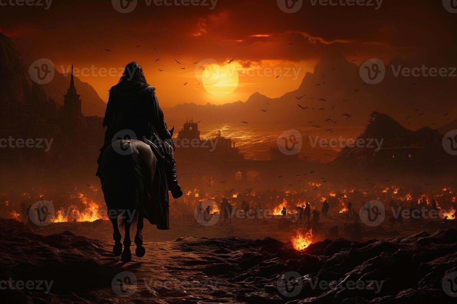 soldier on horse in battle ground with hidden face , Ashura day concept photo