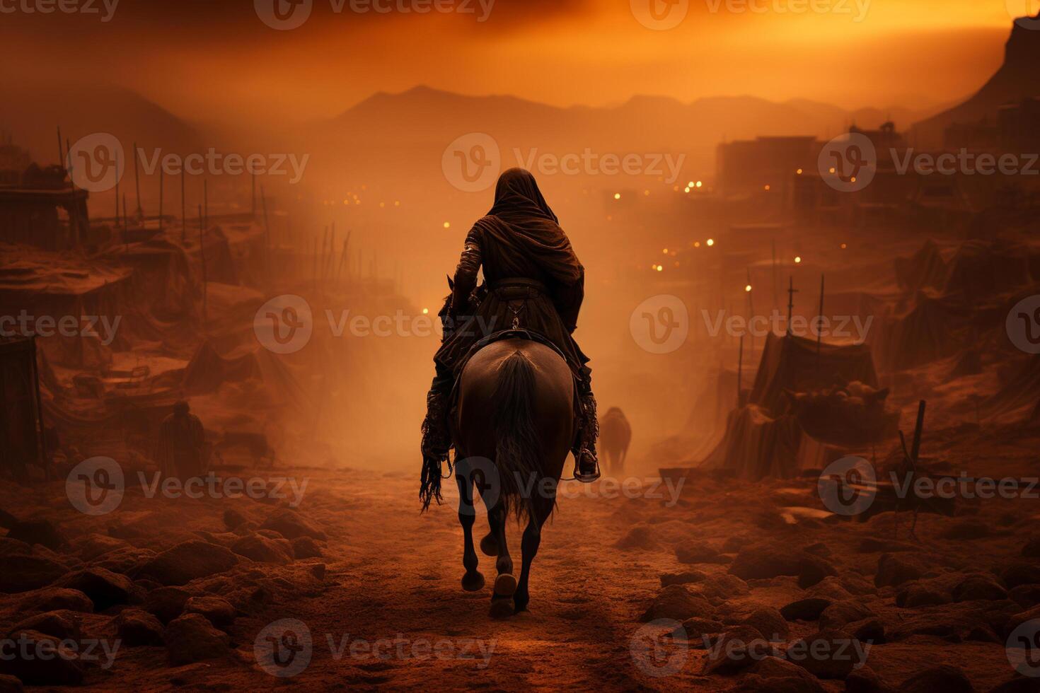 soldier on horse in battle ground with hidden face , Ashura day concept photo