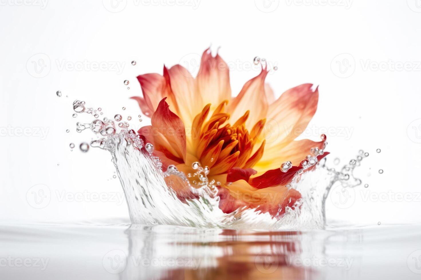 Flower in splashing water. Floral freshness concept with water drops for cosmetic, moisture and self-care packaging. Generated AI. photo