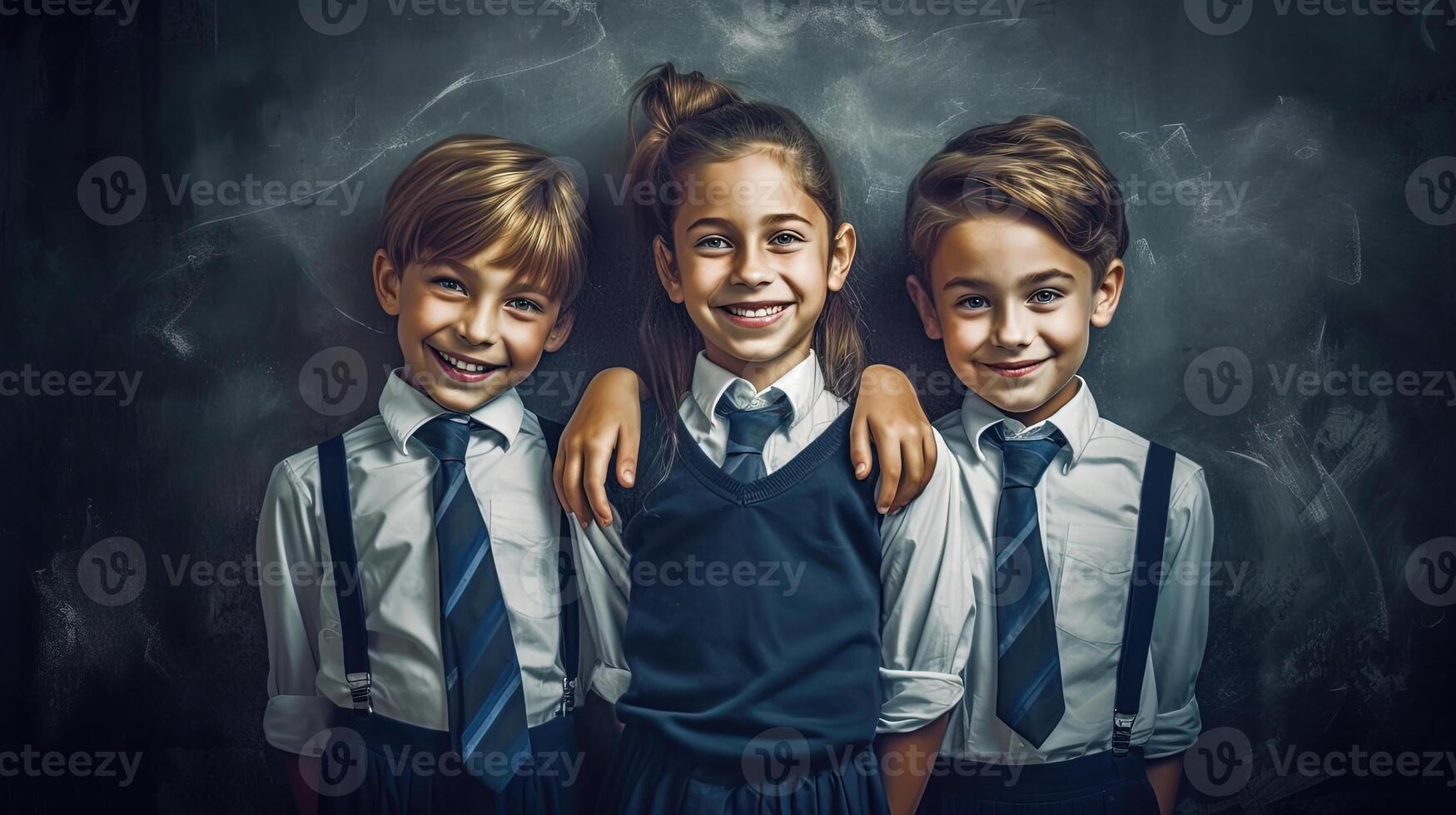 colegio alumno, chico y niña en pie en frente de negro tablero. colegio niños Pareja. generado ai. foto