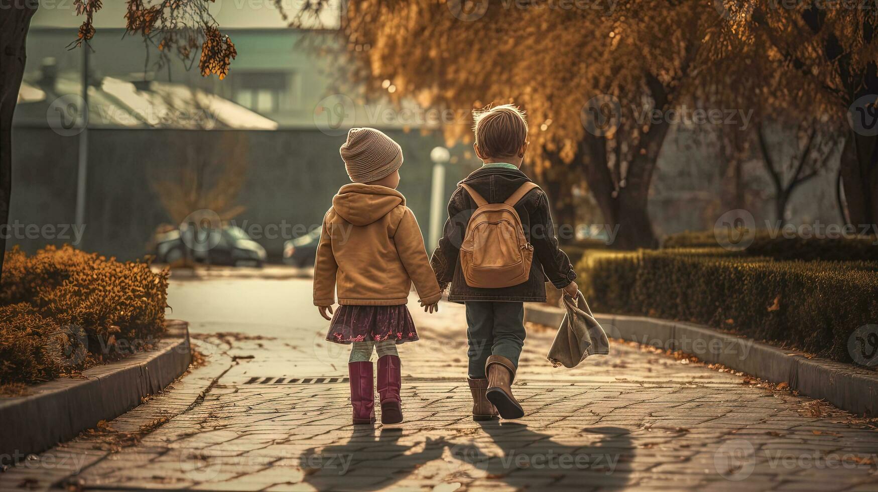 niños caminando espalda hogar desde colegio con mochilas generado ai. foto