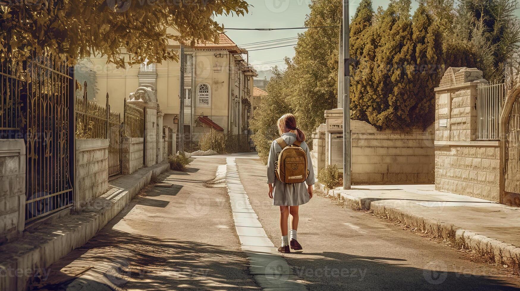 Pupil walking home or to school with backpack. . photo