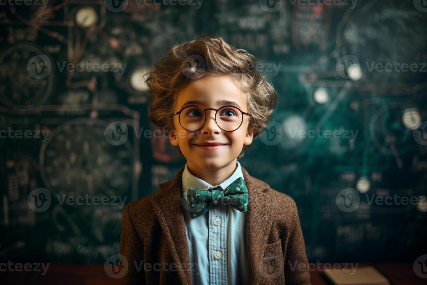 a young boy posing in front of chalkboard with back to school concept photo