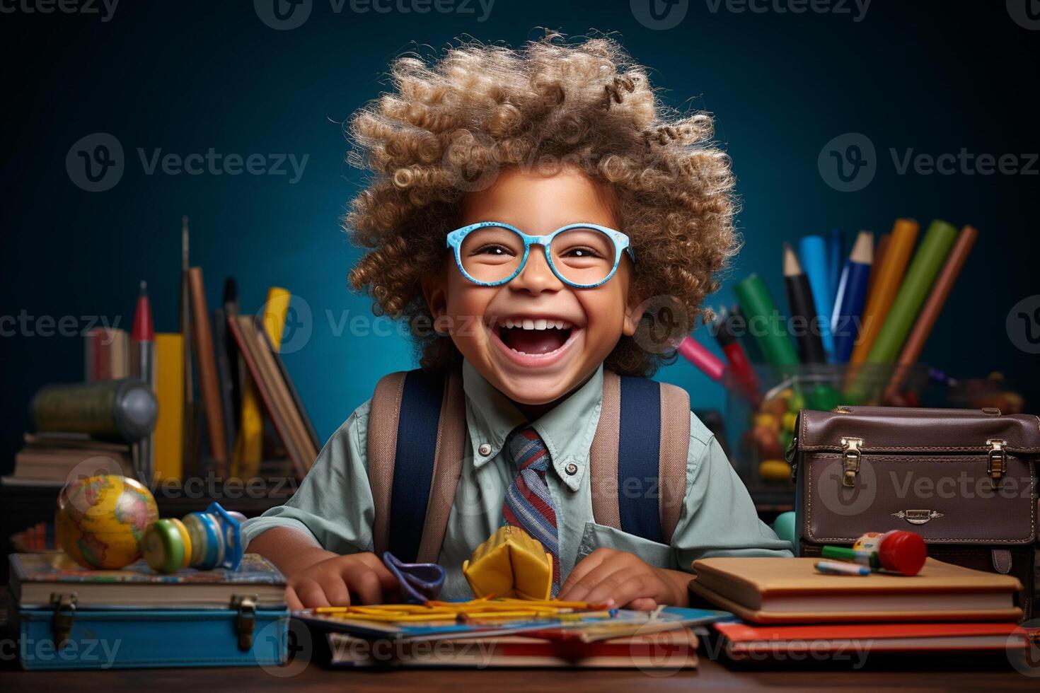 a young boy posing in front of chalkboard with back to school concept photo