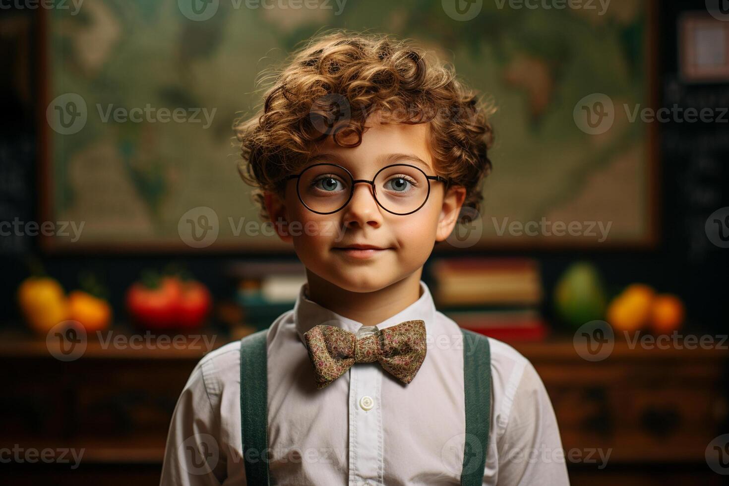a young boy posing in front of chalkboard with back to school concept photo