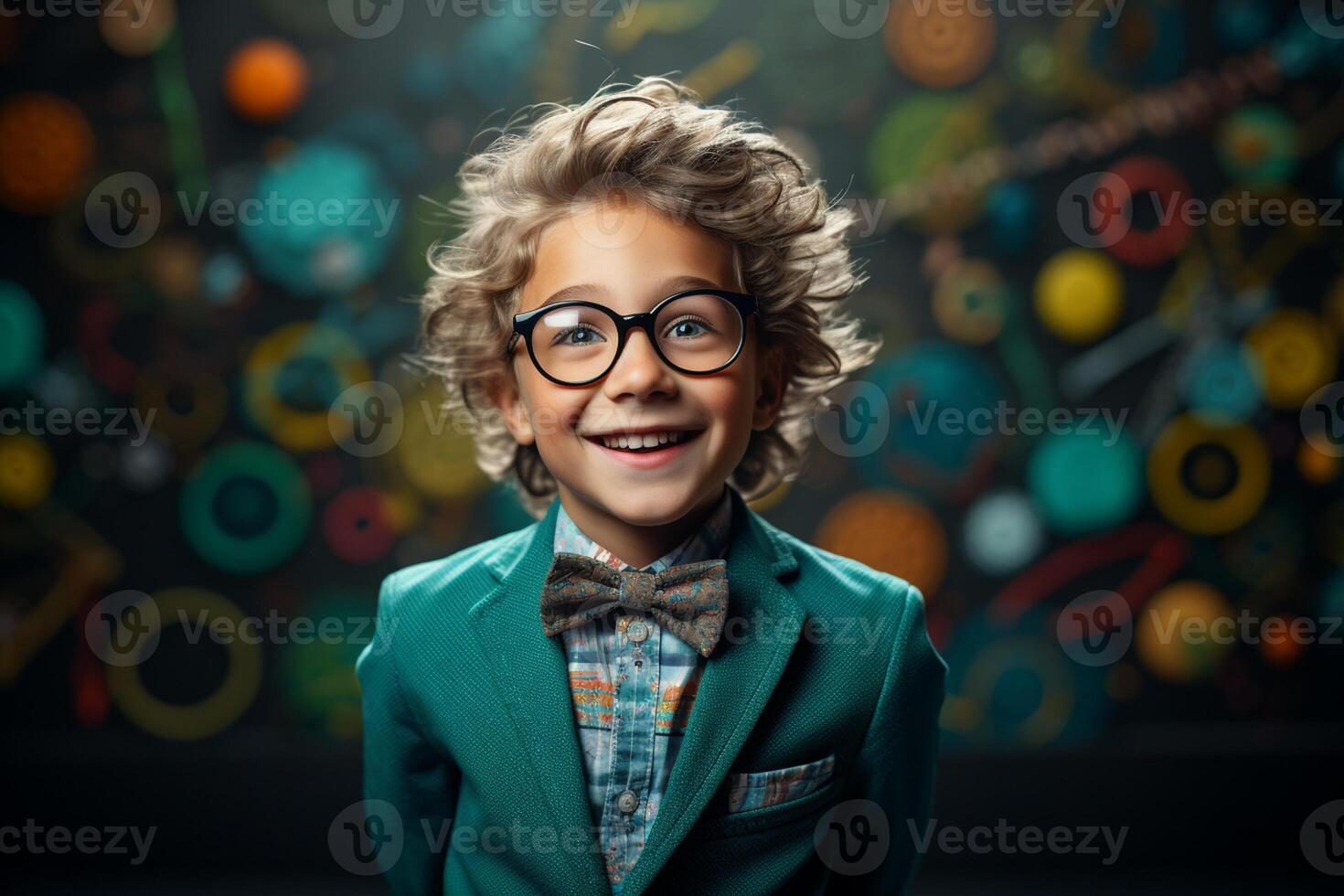 a young boy posing in front of chalkboard with back to school concept photo