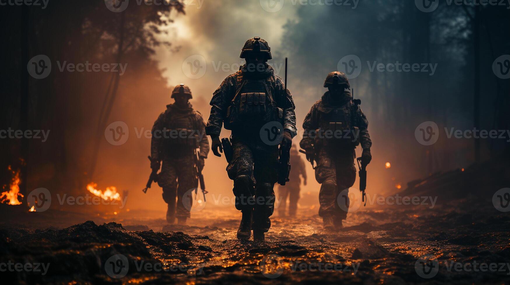 AI Generative Soldiers with Rifles Advancing through Smoke-Filled Battlefield photo