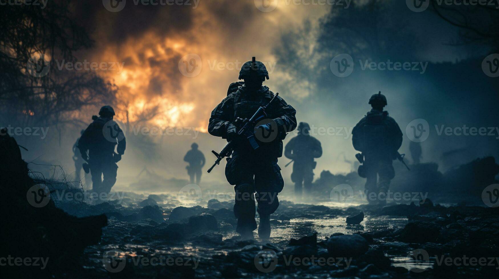 AI Generative Soldiers with Rifles Advancing through Smoke-Filled Battlefield photo