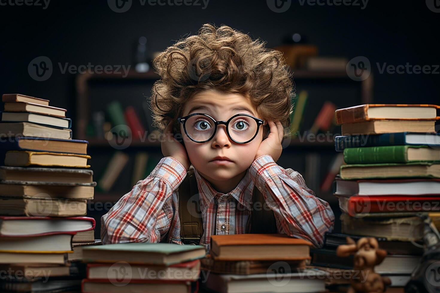 a young boy posing in front of chalkboard with back to school concept photo