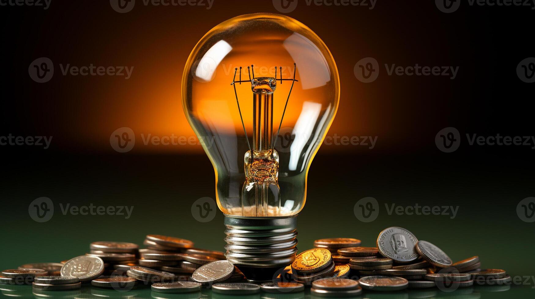 AI Generative Rising energy cost concept. Light bulb on top of a stack of currency photo