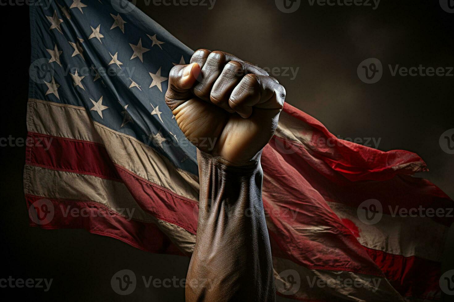 black fist raised in the front of the American flag photo