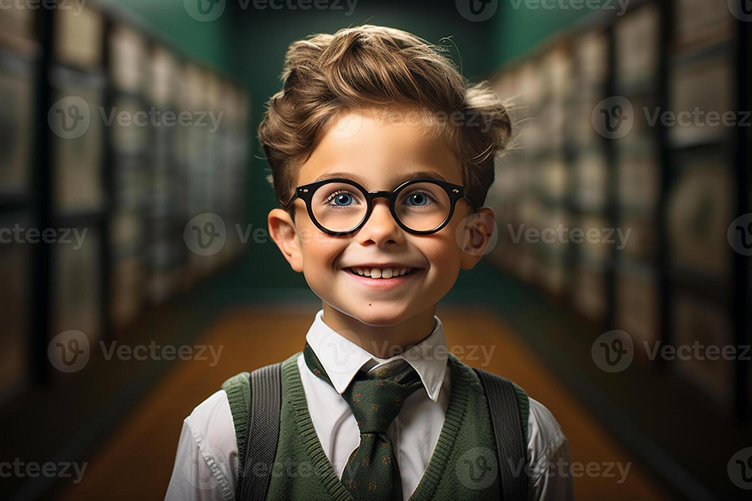 a young boy posing in front of chalkboard with back to school concept photo
