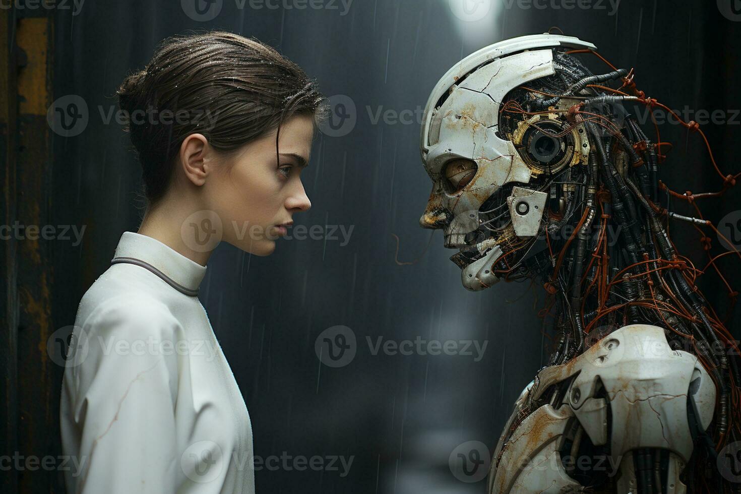 AI Generative human and robot cyborg against of each other , Artificial intelligence concept photo