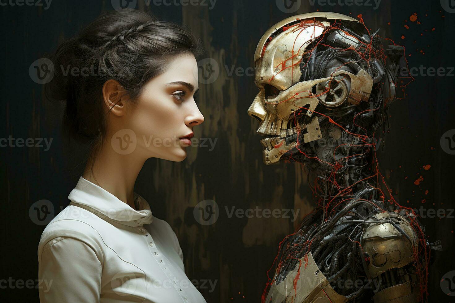 AI Generative human and robot cyborg against of each other , Artificial intelligence concept photo
