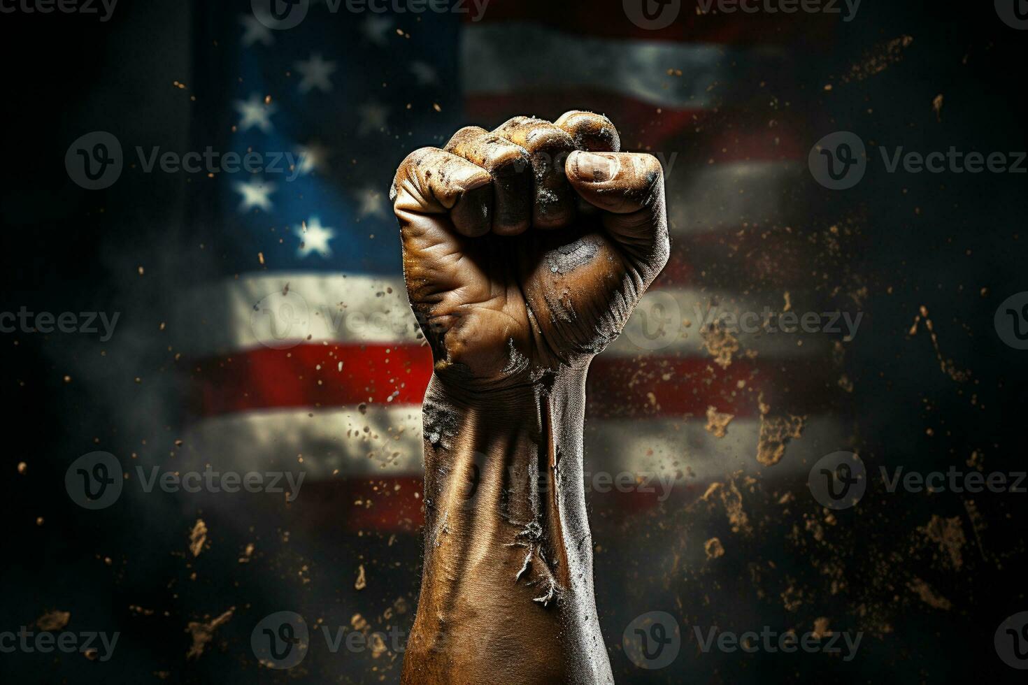 black fist raised in the front of the American flag photo