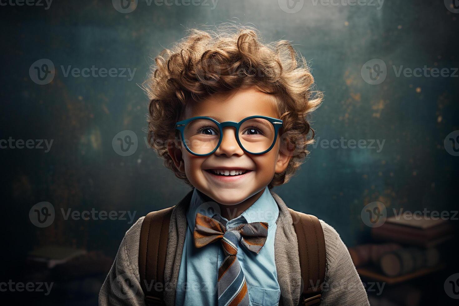 a young boy posing in front of chalkboard with back to school concept photo