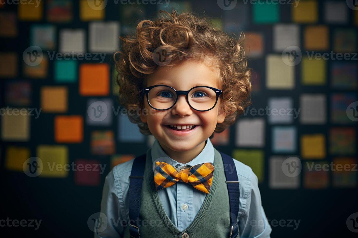 a young boy posing in front of chalkboard with back to school concept photo