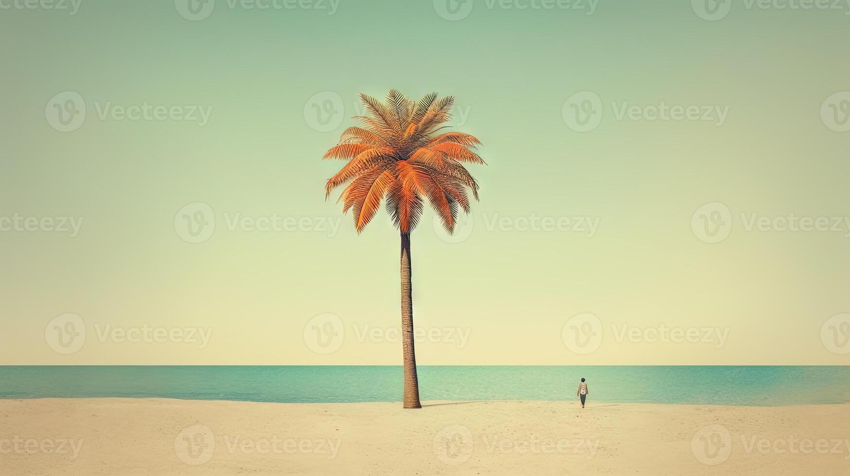 Palm tree on the sand of the beach. Vacation scene with palm on the shore line. Generative AI. photo