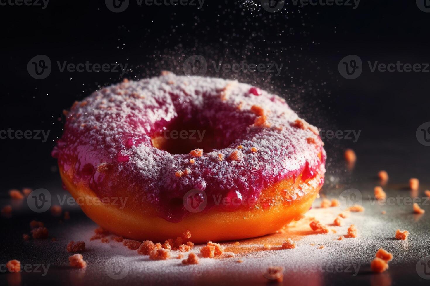 Donut expressive shot with topping and sugar powder splash. Tasty donut food styling image. Generative AI. photo