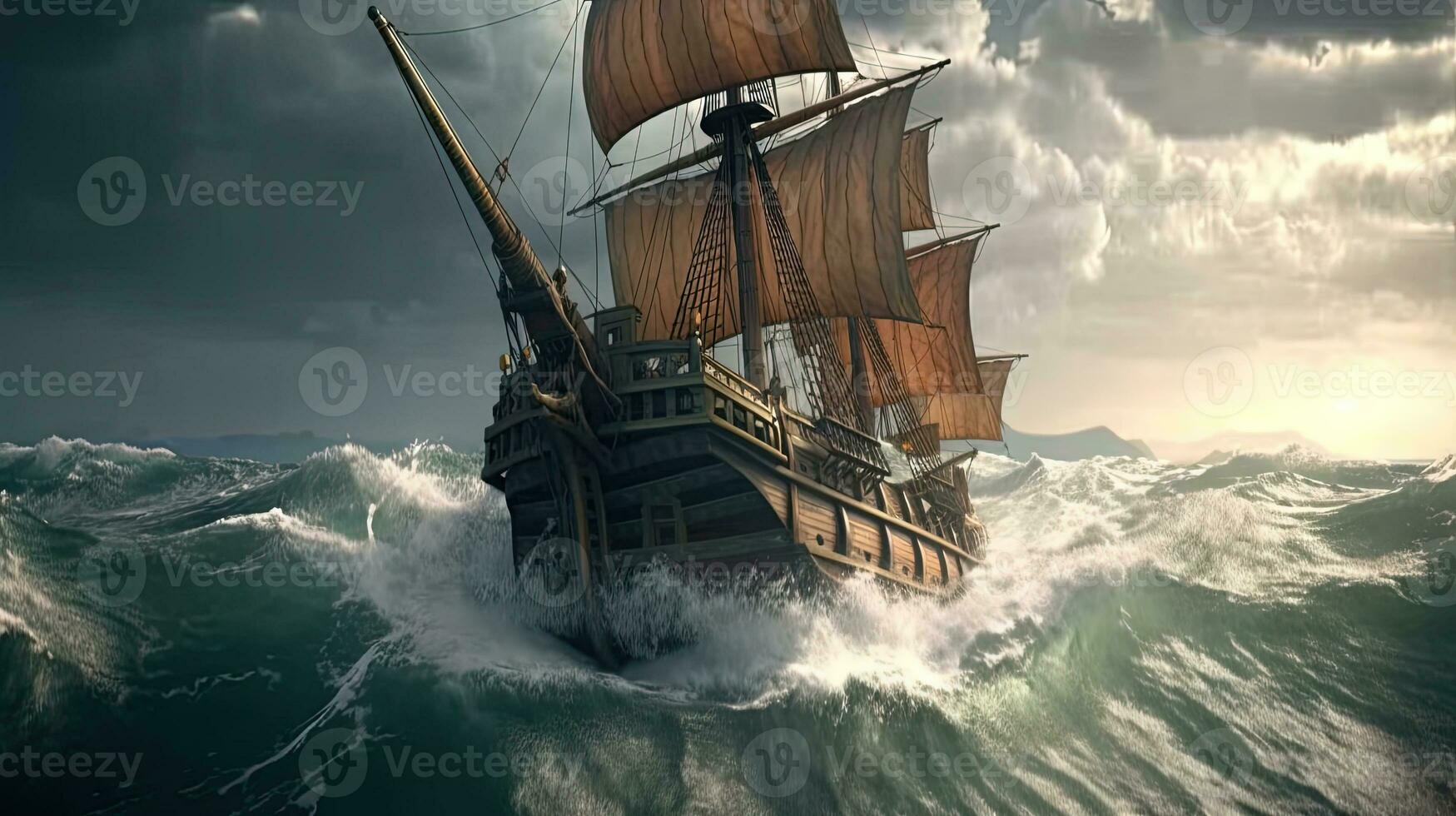 Ship in the stormy sea with huge waves. Giant stormy waves in the ocean and boat. Generated AI. photo